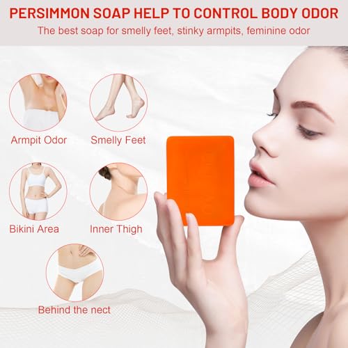 3Pack Natural Persimmon Soap Bar for Body Odor Control, Organic Deodorant Body Persimmon Bar Soap for Old People Smell, Remove Odor Bath Soap for Women & Men