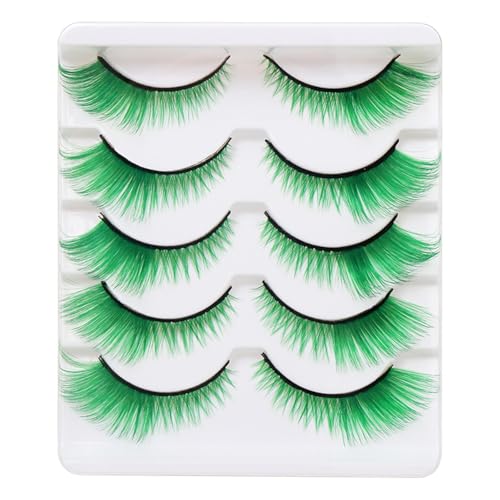 False Lashes Natural Lashes 5 Pairs Cat Eye Fluffy False Eyelashes for Halloween, Cosplay, Party, Stage Makeup (Green)