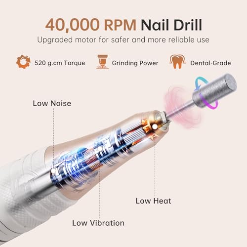 Electric Nail Drill, 40000RPM Cordless Nail File with 12 Drill Bits for Acrylic Nails Gel Polishing, E File Professional, Nail Kit Machine for Manicure Salon Home AB Diamond