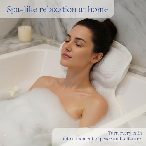 Bath Pillows for Tub, Bathtub Pillow Gift Set: 4D Air Mesh Cushion for Head & Neck, Spa Relaxing Accessories, Plus Bag, Bath Sponge & Scalp Massage Brush, Gift for Woman, by CLUB CONNEXION