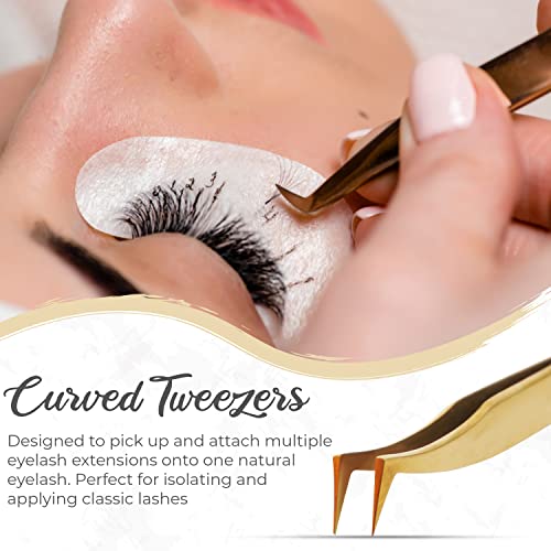 Obiko Eyelash Extension Tweezers Set 2 Piece Golden Straight And Curved Lash Tweezer Set For Women,Ideal For Precise Application And Correction