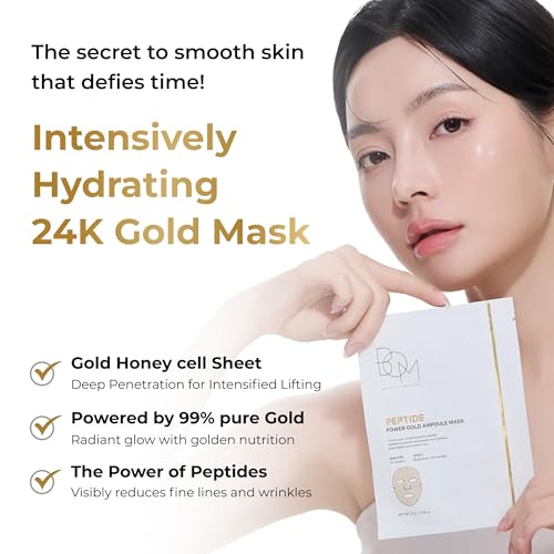 BOM COSMETICS Power Gold Ampoule Mask 0.88 oz, Peptide & Gold Sheet Mask for Hydration, Nourishment, Glow Skin ? High-Concentration Ampoule Essence, Moisturizer Collagen Facial Sheet, Korean Skin Care