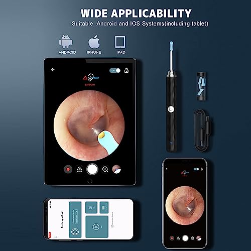 Ear Wax Removal, Ear Cleaner with Camera and Light, Ear Wax Removal Kit with 1296P Otoscope, Ear Cleaning Tool with 6 Ear Spoon, Ear Camera for iPhone & Android Phones,Black