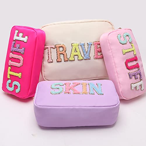Extral Large Cosmetic Bag Makeup Pouch Bag Case Nylon With Chenille Letter Patches (Beige#TRAVEL, XL)