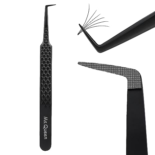 Ms.Queen Lash Tweezers for Eyelash Extensions, Diamond Grip 90 Degree Fiber Tip Volume Lash Extension Tweezers,Black