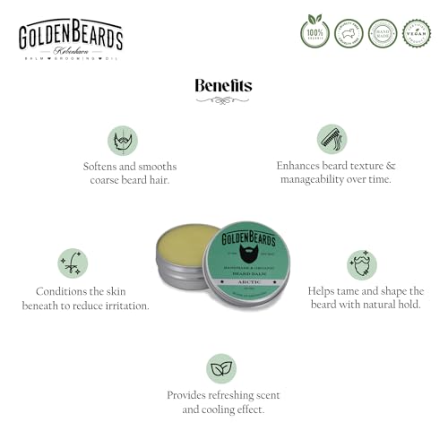 Golden Beards Organic Beard Balm Arctic ? Shea, Cocoa & Beeswax Blend with Peppermint, Tea Tree & Orange Scent ? 30ml Vegan Handmade Styling Balm for Beard Hydration & Freshness, Handmade in Denmark.