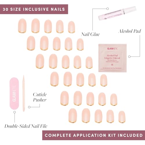 Glamnetic Press-On Nails & Adhesive Nail Tabs - Goal Digger | Glossy, Semi-Transparent, Short Round Nails with Gold Foil, Reusable | 12 Sizes - 30 Nail Kit
