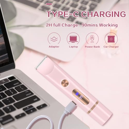 2 in 1 Bikini Trimmer for Women, Dual Head Electric Shaver with LED Display, IPX7 Waterproof Body Pubic Hair Trimmer Rechargeable Womens Electric Razor for Armpit Leg Body Facial Wet & Dry Use