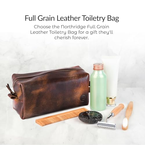 Premium Leather Toiletry Bag For Men - Travel Bag, Shaving Kit Bag & Toiletry Organizer - Full Grain Leather (Double Zip, Antique)