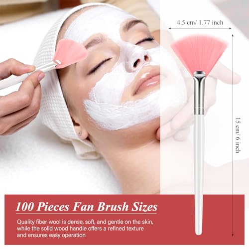 Maitys 100 Pieces Pink Fan Facial Mask Brushes, Soft Blush Makeup Brush, Esthetician Brush, Mask Acid Applicator Brush Tools for Women Girls Peel Mask Makeup for Mud Cream (2.3x6 Inch)