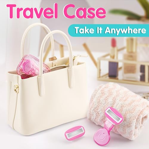 DreamGenius Travel Razors for Women, Travel Size Toiletries Include 1 Handle and 2 Cartridges, Extra Smooth 5-Blade Travel Essentials Razor with Case for Shaving, Pink