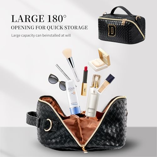 Yulaviniee Initial Makeup Bag,Large Capacity Travel Cosmetic Bag with Shoulder Strap,Portable Leather Open Flat Make Up Organizer Bag,Makeup Toiletry Bag with Handle and Compartments
