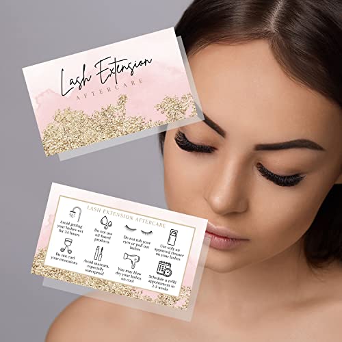 Lash Extension Aftercare Cards | 50 Pack | 2x3.5" inch Business Card Size | Eyelash Extension Supplies | Lash Aftercare | Pink Watercolor and Gold Design
