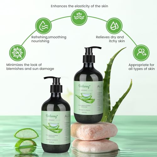 Organic Aloe Vera Gel 17oz for Face and Body & Hair, 99.75% Organic and 100% Pure Aloe Vera Made within 12 Hours of Harvest, Aloe Vera For Deep Moisturizes and Sunburn Relief