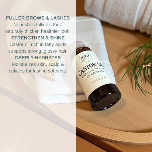 Castor Oil with Rose Quartz Roller ? Made with Organic Castor Oil, 100% Pure, Cold-Pressed & Hexane-Free | Ideal For Hair, Lashes, Brows, Skin (50ml)