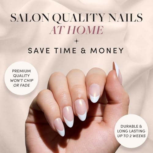 Glamnetic x GLAMZILLA Press-On Nails Bundle - GIVE 'EM GRACE | Super Strong Brush-On Glue, Press-On Nail Remover & 7-In-1 Nail Buffer | Short Almond Fake French Tip Nails with Gold Glaze | Salon Quali