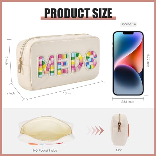 uekeboag 2Pcs Personalized Nylon Rx MEDS Cosmetic Bag, Cute Chenille Letter Patch Medicine Drug Pouch with Zipper,Preppy Makeup Travel Vitamin Bag for Women and Girls (RX+MEDS)