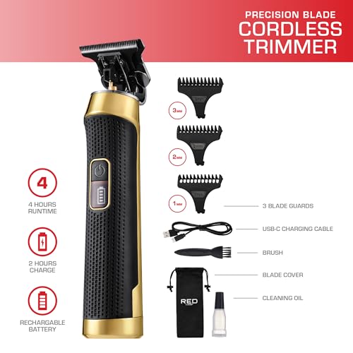 Red by Kiss Edge King Cordless Trimmer, Zero-Gapped DLC Blade for Precision Detailing, USB-C Quick Charge, Up to 4 Hours Runtime, Luxury Pouch, Blades Cover & Cleaning Supplies Included