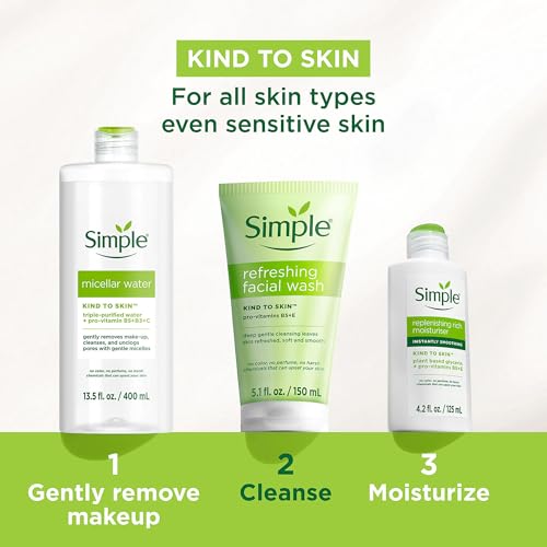 Simple Kind To Skin Refreshing Face Wash - Facial Cleanser with Vitamin B5 and E - Strengthens and Smooths Skin - Vegan, No Harsh Chemicals - 6 pc