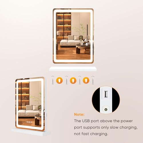 NEWBULIG 18.5"x13" LED Vanity Mirror with Lights, Lighted Smart Tabletop Makeup Mirrors for Desk, Touch Control Dimmable Brightness, 3 Color Lighting Modes