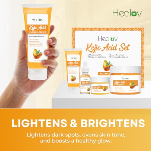Kojic Acid Skincare Set ? Kojic Soap Cleanser, Exfoliating Body Scrub, Face Cream & Brightening Facial Serum ? Skin Brightening Hyperpigmentation Treatment, Dark Spot Corrector ? with Turmeric Papaya