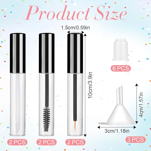 Giantree 6 Pack 10ml Empty Mascara Tube with Brush Wand, Clear Mascara Tube, Refillable Eyelash Cream Container DIY Cosmetics Bottle, Empty Eyeliner Tube and Empty Lip Gloss Tubes with Funnel(Black)