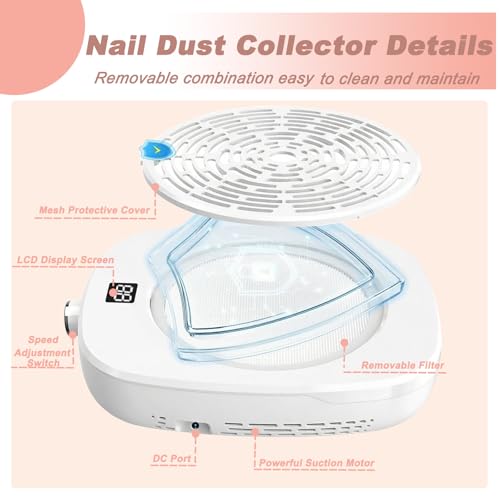 Professional Pedicure Nail Fan Vacuum Dust Cleaner Collector Quiet Nail Tech Adjustable Speed with LED Display Low Noise Strong Suction Detachable Easy to Clean for Manicure Salon & Home Use