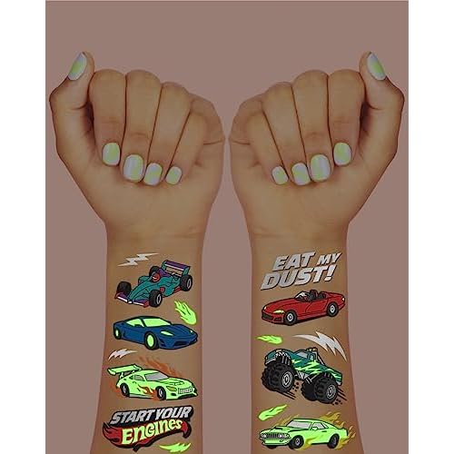xo, Fetti Cars Glow in Dark Temporary Tattoos - 42 pcs | Monster Truck Birthday Party Supplies, Race Car Favors Decorations