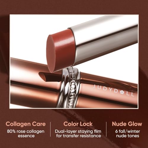 JUDYDOLL PDRN Stay Shine Lipstick, Nourishing with Salmon Dna Serum&80% Rose Collagen Essence, Dual-Layer Color Lock, Transfer-Resistant, 12H Wear LongLasting Lip Gloss, Nude Color(105 Confident Nude)