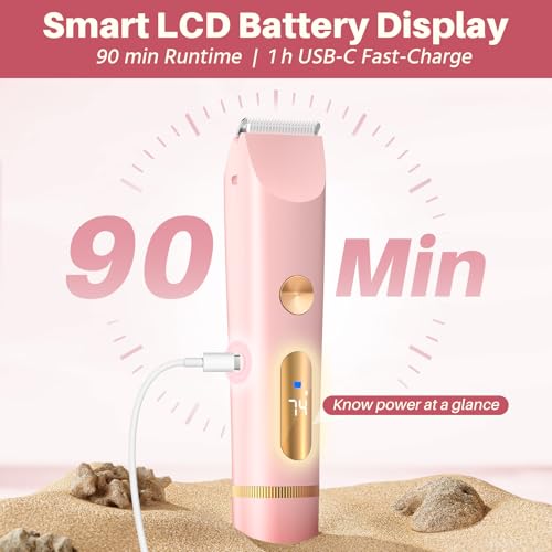 2025 Upgraded Bikini Trimmer for Women, Dual-Head Shaver with LCD Display, Ceramic-Blade Pubic Hair Trimmer, IPX7 Waterproof Wet & Dry Shower Shaver, Travel-Ready Gift Pouch(Pink)