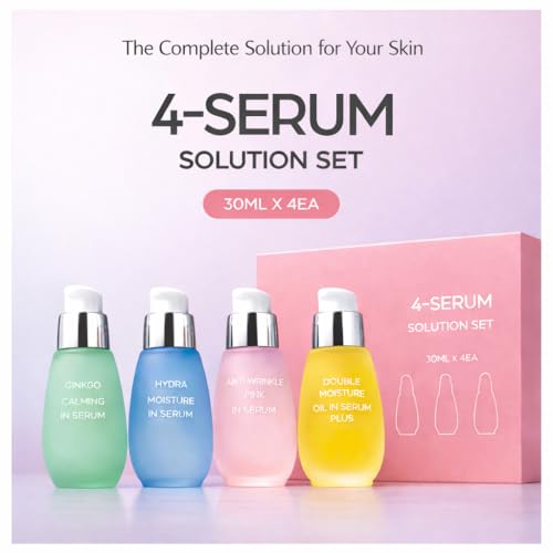 CHARMZONE Oil-in-Serum 4-Solution Set (1.01 fl.oz / 30ml x 4) ? Double Moisture, Anti-Wrinkle Pink, Ginkgo Calming, Hydra Moisture Serums for Face