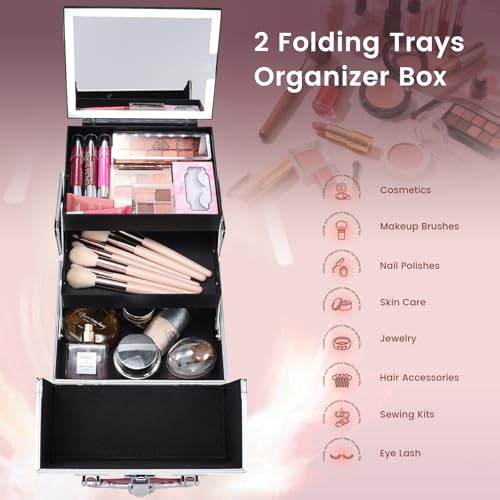 Makeup Case with Lighted Mirror Travel Makeup Organizer Box Portable Lockable 2 Trays Cosmetic Train Case with LED Mirror for Girls Make up Nail Kits Sewing Vanity Storage Case, Shiny Pink