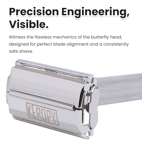 Safety Razor for Men, Premium Stainless Steel Butterfly Open Comb DE Razor, Weighted Heavy Handle with 10 Double Edge Blades, Mirror Polished Silver - Luxury Gift Set for Dad, Groom