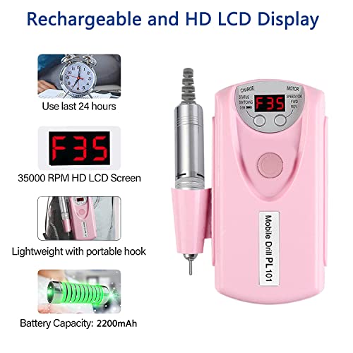 Electric Nail Drill Machine,Professional Rechargeable 35000 rpm Nail Drill, Portable Acrylic Gel Grinder Tools with 6 Bits and Sanding Bands,Manicure Pedicure Polishing Shape Tools White