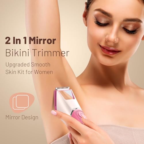 Rechargeable Bikini Trimmer for Women: Pubic Hair Razor with Mirror & LED Light - IPX7 Waterproof Electric Shaver, Travel Lock & Ceramic Blades for Legs Underarm - Light Rose