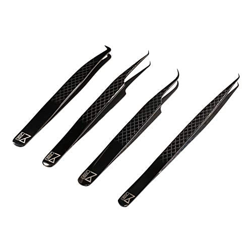 M LASH Tweezers for Eyelash Extensions (Set of 4) - Professional Lash Extension Tweezers - Fiber Tip, Japanese Steel, Diamond Grip Eyelash Extension Tweezer (Black)