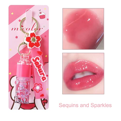 3 Colors Hydrating Lip Gloss Set, Glossy Shimmer High Shine Glass Finish Lipgloss Natural Moisturizing, Lip Make-Up for Women Party Gift Sakura Keychain Design