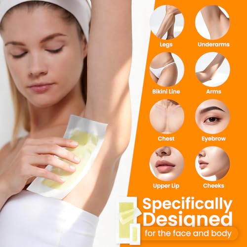 100 PCS Wax Strips for Hair Removal: 40 Facial & 60 Body Hair Removal Waxing Kit with Calming Oil Wipes - For Face, Eyebrow, Body, Arms, Legs, Bikini Area