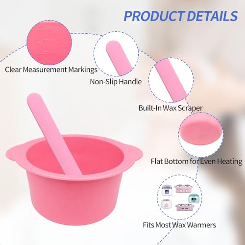Silicone Wax Warmer Liner, Non-Stick Reusable Wax Pot Insert for Wax Warmer, Easy-to-Clean Silicone Wax Bowl with 2 Wax Spatulas (Pink)