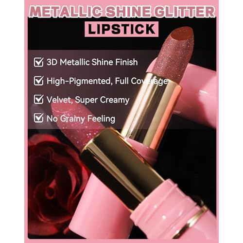 Metallic Nude Pink Glitter Lipstick Long Lasting,Glitter Lipstick Diamond Shimmer Lip Gloss for Women,Transfer Proof Non-Stick Lipgloss Highly Pigmented Full Coverage Red Lip Color Makeup Gift-02