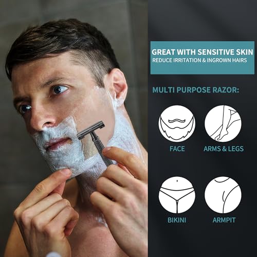 Gearhub Butterfly Double Edge Safety Razor Reusable Stainless Metal Wet Shaving Razor with 10 Swedish Platinum Blades for Men Women Barber Bikini Armpit Hair, Matte Black GR179