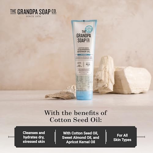 The Grandpa Soap Company Cotton Seed Cleansing Shower Oil - Hydrates Dry Seasonally-Stressed Skin, Nourishing and Moisturizing, With Cotton Seed Oil and Sweet Almond Oil, 9.5 Fl Oz., 2 Pack