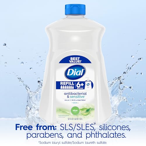 Dial Antibacterial Defense Liquid Hand Soap + Aloe, Aloe Scent, 52 Fl Oz Hand Soap Refill (Pack of 3), Dermatologist-Tested, Gentle Formula