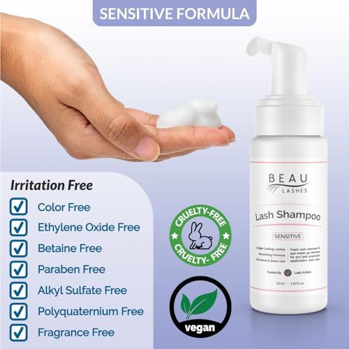 Eyelash Extension Foam Cleanser Shampoo & Brush (150ml) - Oil Free Sensitive Paraben & Sulfate Free Eyelid/Lash Foaming Wash Cleaner To Remove Makeup & Mascara - Ideal For Salons And Home Care