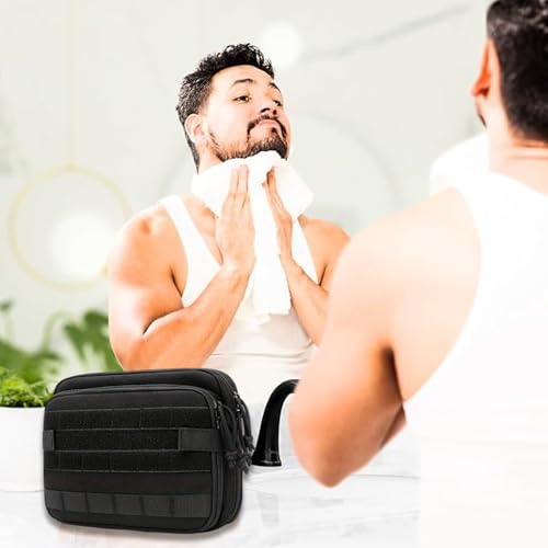 Black Tactical Toiletry Bag for Men Heavy-Duty Polyester Travel Organizer with Large Capacity Water-Resistant Compact Portable Shaving Bag Multiple Compartments for Military Camping Outdoor Bathroom