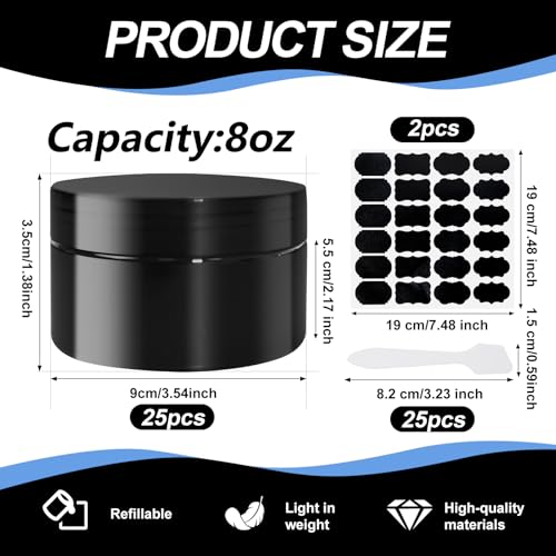 25 Pcs Plastic Jars with Lid 8 oz Plastic Cosmetic Containers Round Lotion Sample Containers Refillable Travel Jars Leak Proof Empty Cosmetic Jars for Storage Cream Powder Ointment Supplies(Black)