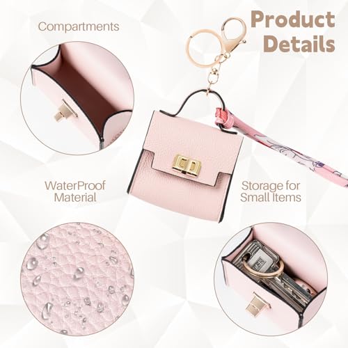 2 PACK Mini Backpack Keychain, Cute Cosmetic Bag for Purse with Wrist Strap, PU Leather Makeup Bag Headphone Pouch for Girls Women, Birthday/Party/Christmas Gifts (Ladder-Black+Pink)