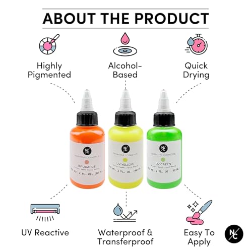 Narrative Cosmetics UV Fluorescent Alcohol Airbrush Paints - 2 fl oz, Glow Effect, Waterproof, Sweatproof, Highly Pigmented Liquid Makeup for Bodypainting, Film, TV, Festivals - Glow in the Dark
