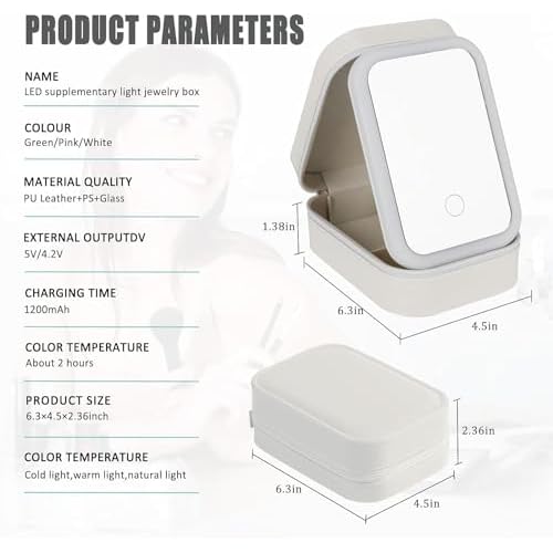 LED Lighted Makeup Mirror Box, Portable Jewelry Case with 3 Light Modes, 1200mAh Rechargeable, PU Portable Cosmetics Case with Handle, 6.5 x4.5 x 1.4 inches(White)