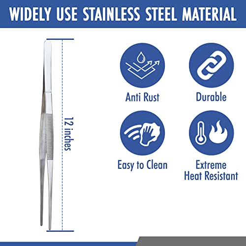 12 Inch Tweezers Stainless Steel Straight Serrated Tip, Precision Cooking Plating Tweezer Tongs, Reptile Feeding Aquarium Aquascaping, Repairing Garden Craft Tool